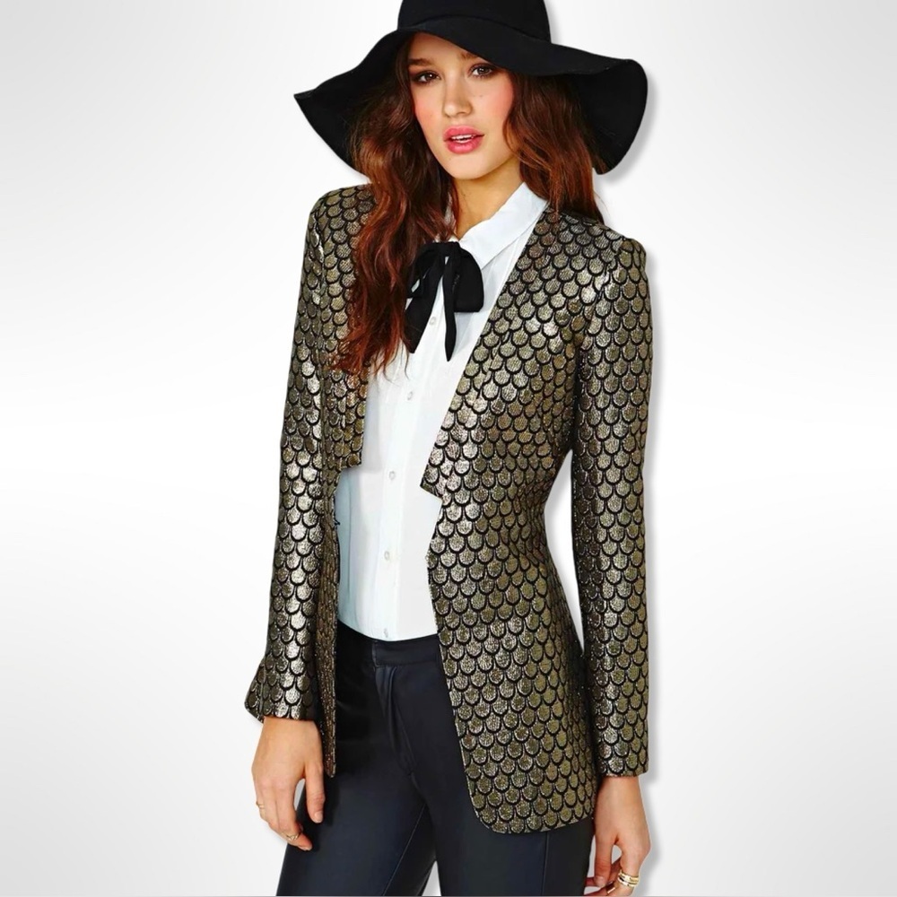 Ark & Co Black and Gold Metallic Mermaid Scale Open Front Blazer Size Medium